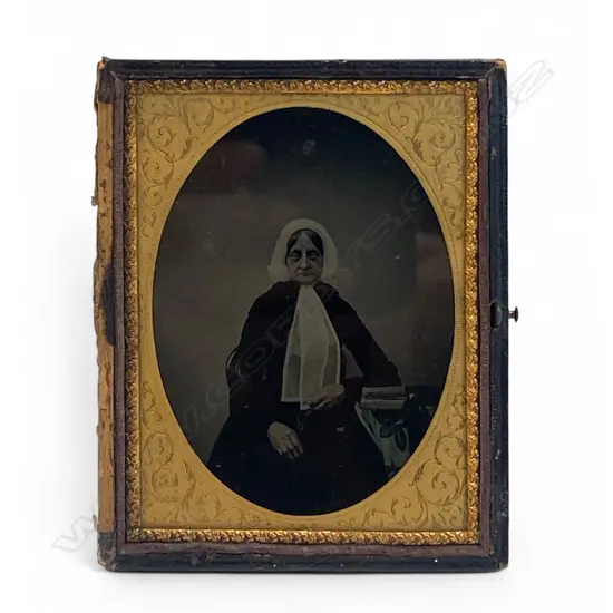 Leather covered ambrotype – woman in mourning with book,
